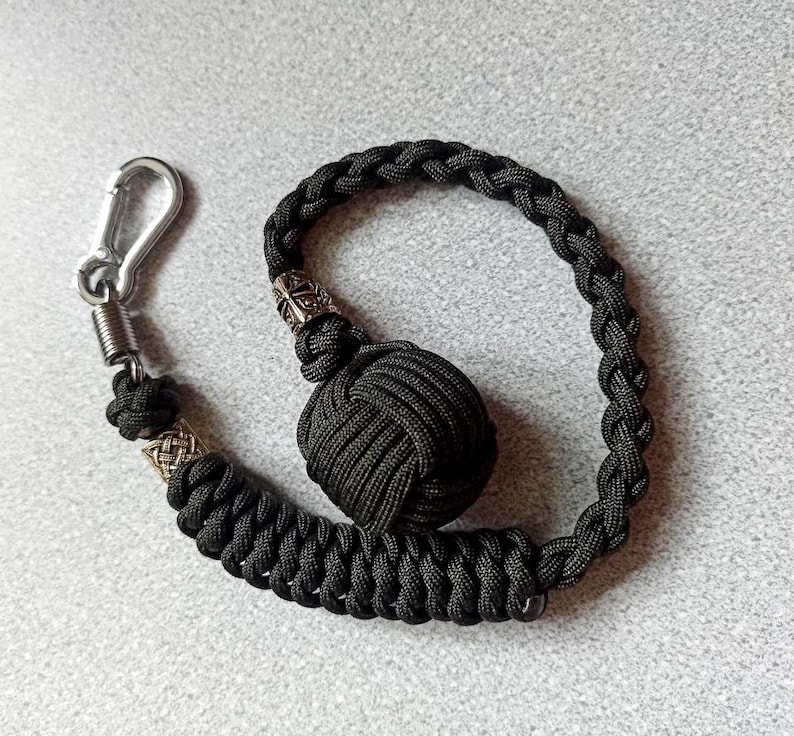 Monkey fist keychain, templar helmet bead, Braided paracord monkey fist key chain, brass bead, steel carabiner, green Black