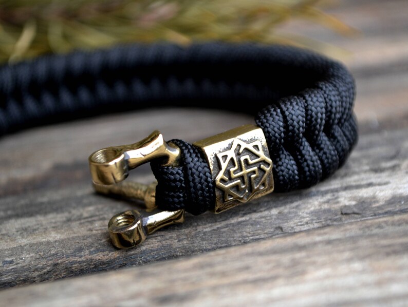 Black Paracord Bracelet With Brass Shackle Valkyrie Bead Etsy
