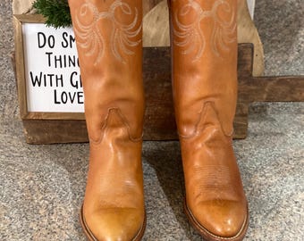 Vintage Frye Men’s Cognac Western leather made in USA Cowboy boots
