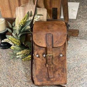 1940s Leather Case Saddle Bag, Military Messenger, Surveying Equipment Tool Case