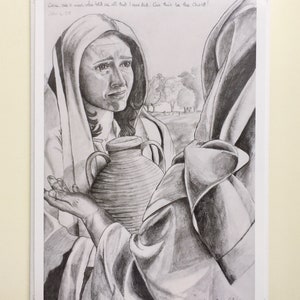 ¿Puede ser este el Cristo? Tarjeta de felicitación de trabajo de arte cristiano original hecha a mano / Mujer en la tarjeta de pozo / Tarjeta de bellas artes