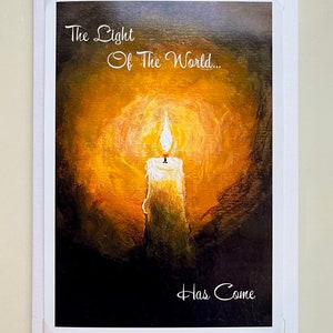 La luz del mundo ha llegado - Tarjeta de Navidad hecha a mano / Tarjeta de vela de Navidad / Tarjeta de Navidad de arte cristiano / Pintura acrílica