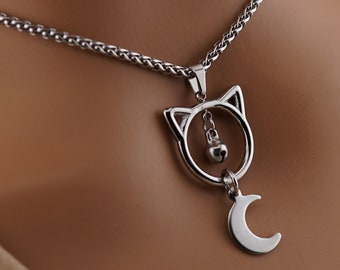 Kitten Moon and Bell Day Collar Wheat Chain Necklace - Witch Style