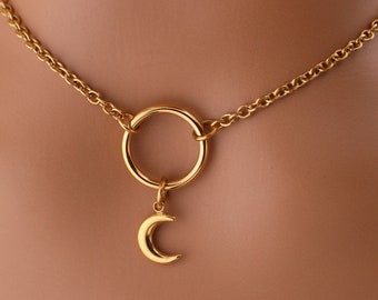 Gold Moon O Ring Collar Necklace - Discreet Everyday Wear