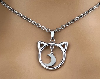 Kitten Necklace Pendant: Stainless Steel with Moon Charm