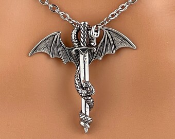 Dragon Sword Necklace, Fantasy Pendant, Bold Design (Stainless Steel)