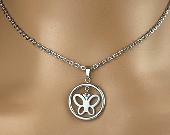 Discreet Submissive Day Collar -Floating Circle Pendant with Butterfly Necklace - 24/7 Wear Locking Options