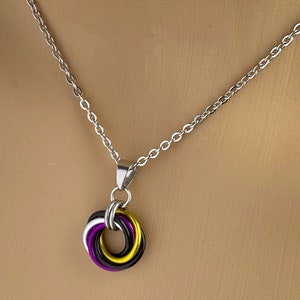 May include: A silver chain necklace with a pendant in the colours of the ace flag. The pendant is a woven ring with yellow, white, purple and black stripes.
