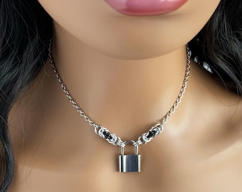 Submissive Goddess Collar - Lock Pendant Chainmaille Necklace