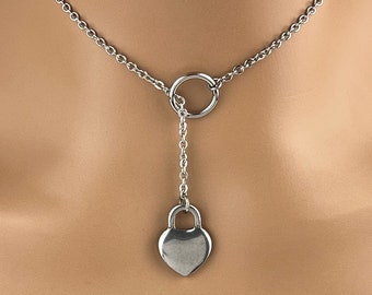 Heart Lock Submissive Necklace Lariat, DDlg Discreet Day Collar - Locking Option - 24/7 Wear