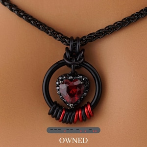 Personalized Morse Code Day Collar: Ruby CZ Heart, Black Stainless Steel