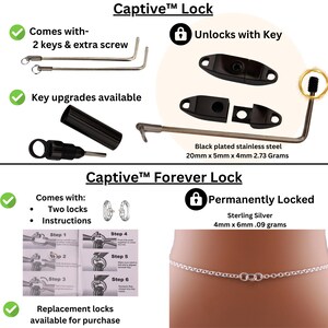 K&ouml;nnte beinhalten: Das Bild zeigt zwei Arten von Schl&ouml;ssern: Captive Lock und Captive Forever Lock. Das Captive Lock enth&auml;lt Schl&uuml;ssel und eine Schraube aus schwarz beschichtetem Edelstahl. Das Captive Forever Lock ist eine Kette aus Sterlingsilber mit zwei Schl&ouml;ssern. Text enth&auml;lt Produktdetails.