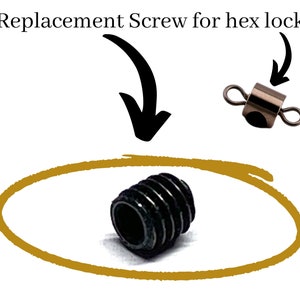 May include: Replacement screw for hex lock. A black screw with a threaded shaft is shown in the center of the image. A gold-colored hex lock is shown in the upper right corner of the image.