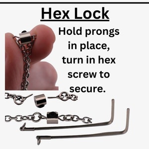 May include: A silver chain with a hex lock closure. The lock has two prongs that are held in place while a hex screw is turned to secure the chain.