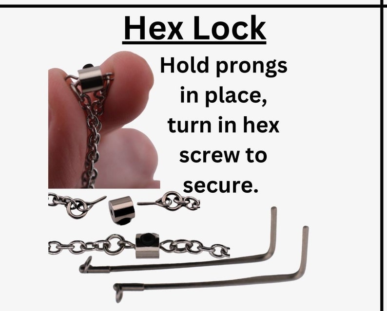 May include: A silver chain with a hex lock closure. The lock has two prongs that are held in place while a hex screw is turned to secure the chain.