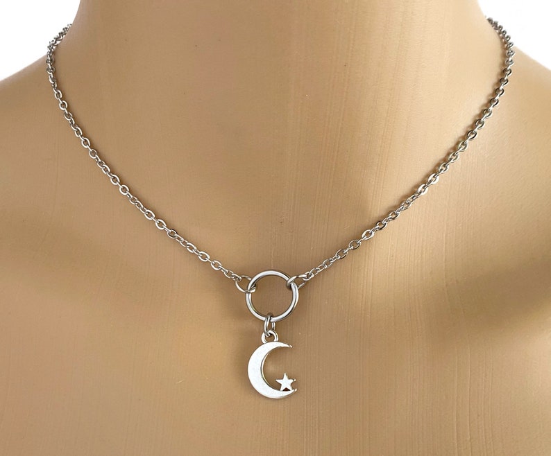 Submissive O Ring Necklace Moon and Star - Locking Option - Discreet Day Collar - BDSM O Ring 24/7 Wear 