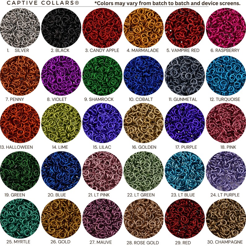 Puede incluir: Una tabla con 30 anillos de malla met&aacute;lica de diferentes colores. Los anillos est&aacute;n dispuestos en filas de seis, con cada fila etiquetada con un n&uacute;mero y un nombre de color. Los colores incluyen plata, negro, manzana de caramelo, mermelada, rojo vampiro, frambuesa, penique, violeta, tr&eacute;bol, cobalto, metal gris, turquesa, halloween, lima, lila, dorado, morado, rosa, verde, azul, rosa claro, verde claro, azul claro, morado claro, mirto, oro, malva, oro rosa, rojo y champ&aacute;n.