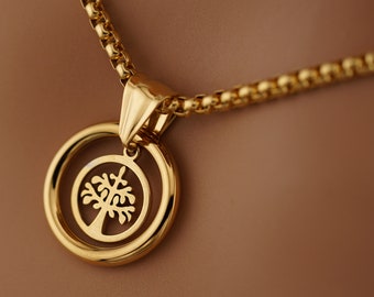 Gold Tree of Life Day Collar Box Chain Necklace