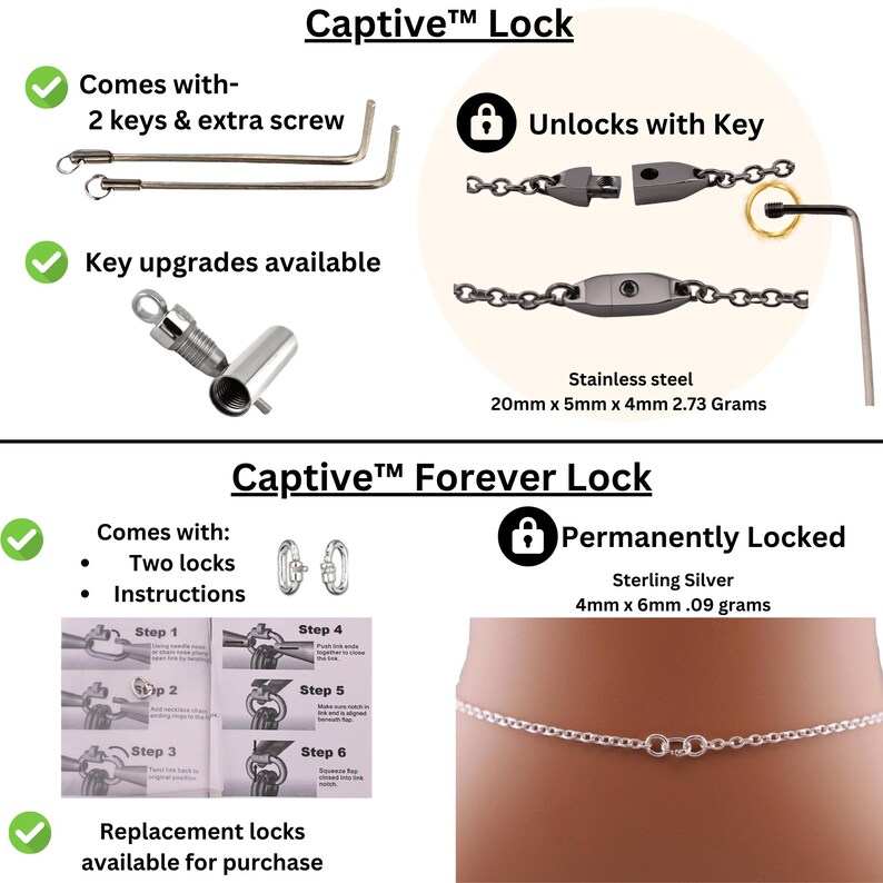 May include: Two types of body jewellery locks, one with a key and one permanently locked. The key lock is made of stainless steel and measures 20mm x 5mm x 4mm. The permanently locked version is made of sterling silver and measures 4mm x 6mm. Both locks are shown against a white background.