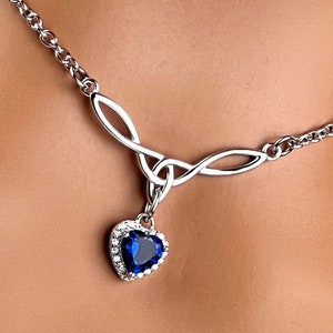 Blue Sapphire CZ Heart, Sterling Silver Celtic Necklace Day Collar