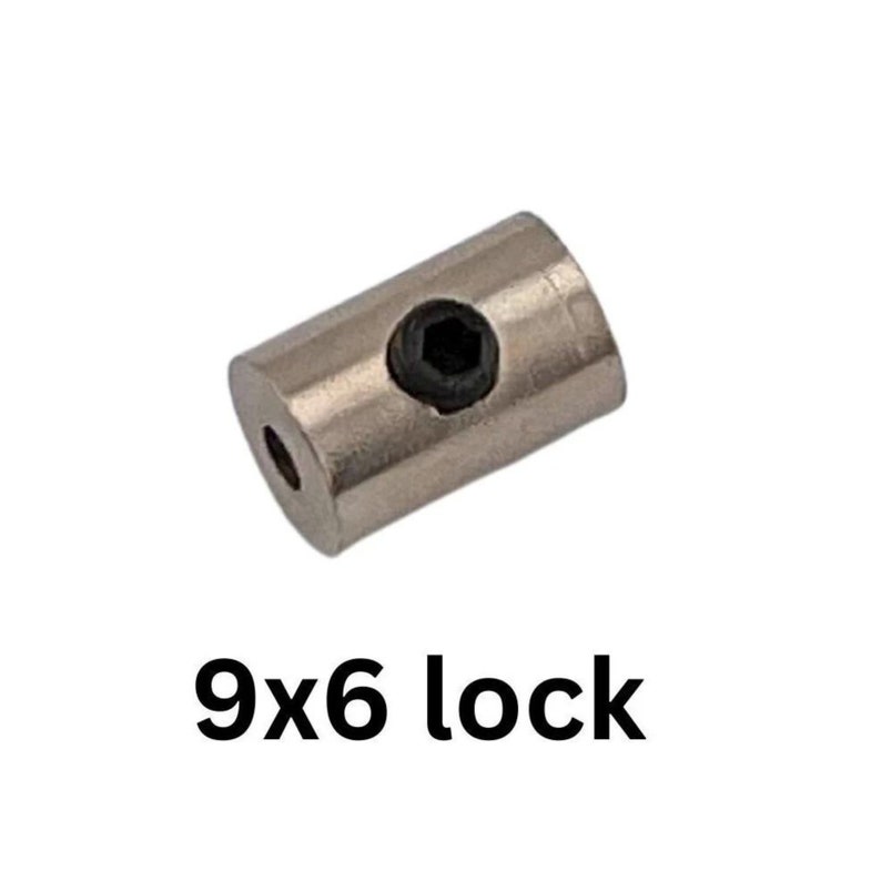 May include: A silver metal cable lock with a black screw. The lock is labeled "9x6 lock".