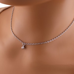 May include: A silver chain necklace with a small, round pendant.