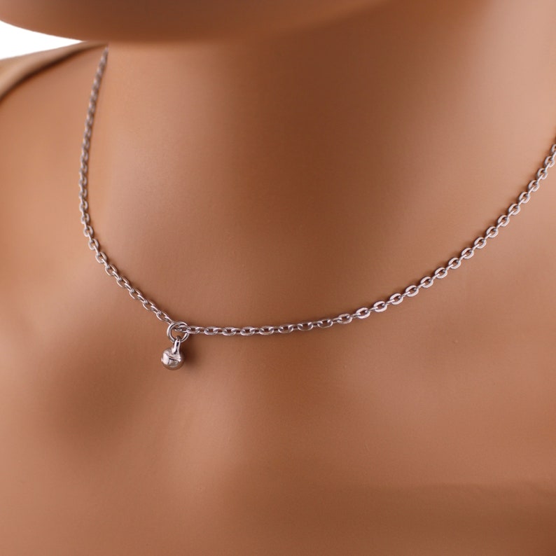 May include: A silver chain necklace with a small, round pendant.