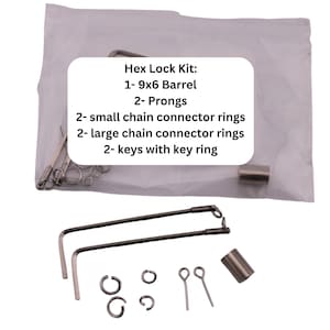 May include: A hex lock kit with a 9x6 barrel, two prongs, two small chain connector rings, two large chain connector rings, and two keys with a key ring.