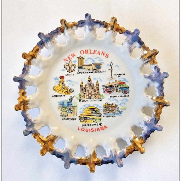 New Orleans Louisiana Souvenir Plate Road Trip Vintage Saints Bourbon St French Market Mississippi St. Louis Cathedral Superdome Mardi Gras