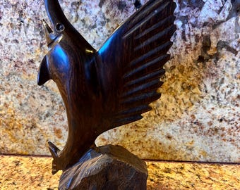 Vintage Hand Carved Wood Sailfish Marlin Statue Sculpture Dark Wood Swordfish