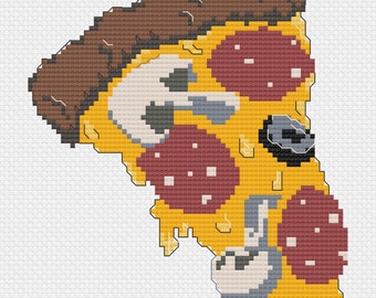 May include: A pixelated image of a slice of pizza with pepperoni, mushrooms, and black olives. The pizza is yellow with a brown crust and dripping cheese.