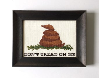 Framed Cross Stitch • Don't Tread On Me (Brown) • Gadsen Flag Parody