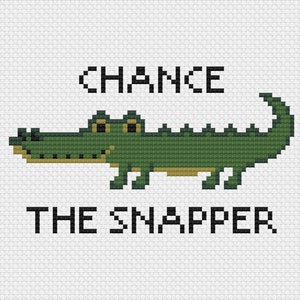 May include: A green alligator with a toothy grin and the text "Chance the Snapper" below it.