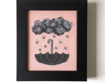 Rain Cloud and Umbrella Cross Stitch, Framed Embroidery