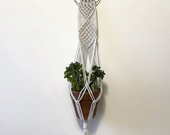 May include: A white macrame plant hanger with a terracotta pot and a green plant hanging from it. The hanger is attached to the wall with two metal rings.