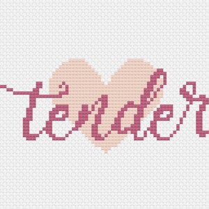 May include: A pink heart with the word "tender" written in cursive in a darker pink.