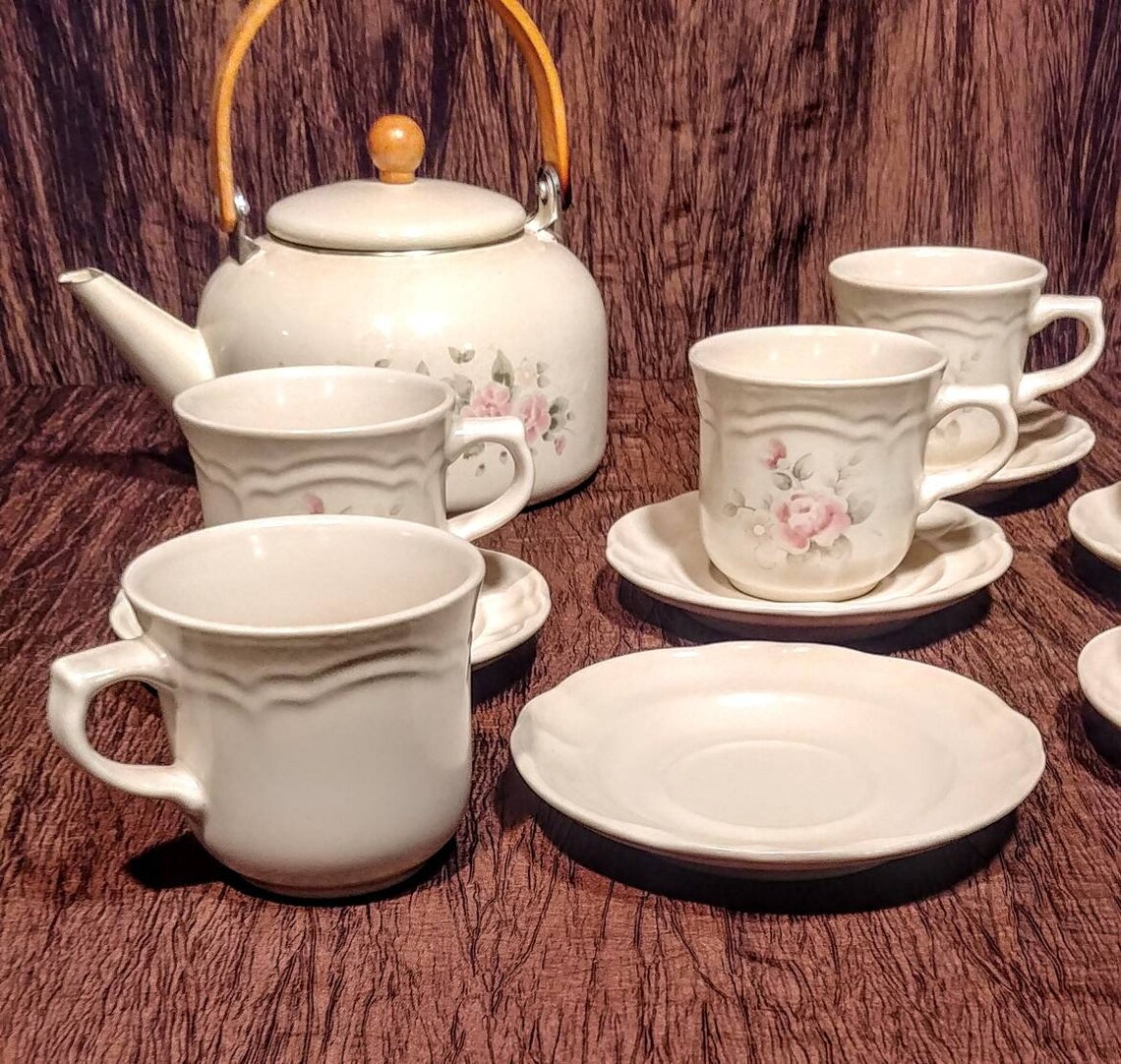 Pfaltzgraff Tea Rose Set of 6 Teacups 6 Saucers and Metal Tea Etsy