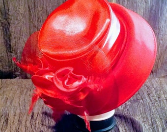 Red wool formal hat, feathers, tule and satin trim