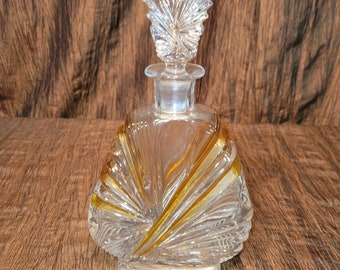 Vintage Pressed Bomemian Glass Decanter with Amber stripes