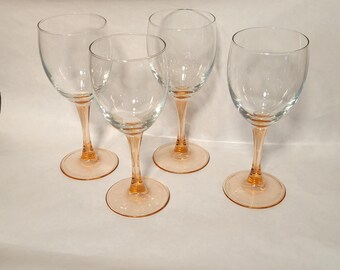 Vintage Set of 4 Rose by Cristal D'Arques wine glasses with blush pink stems