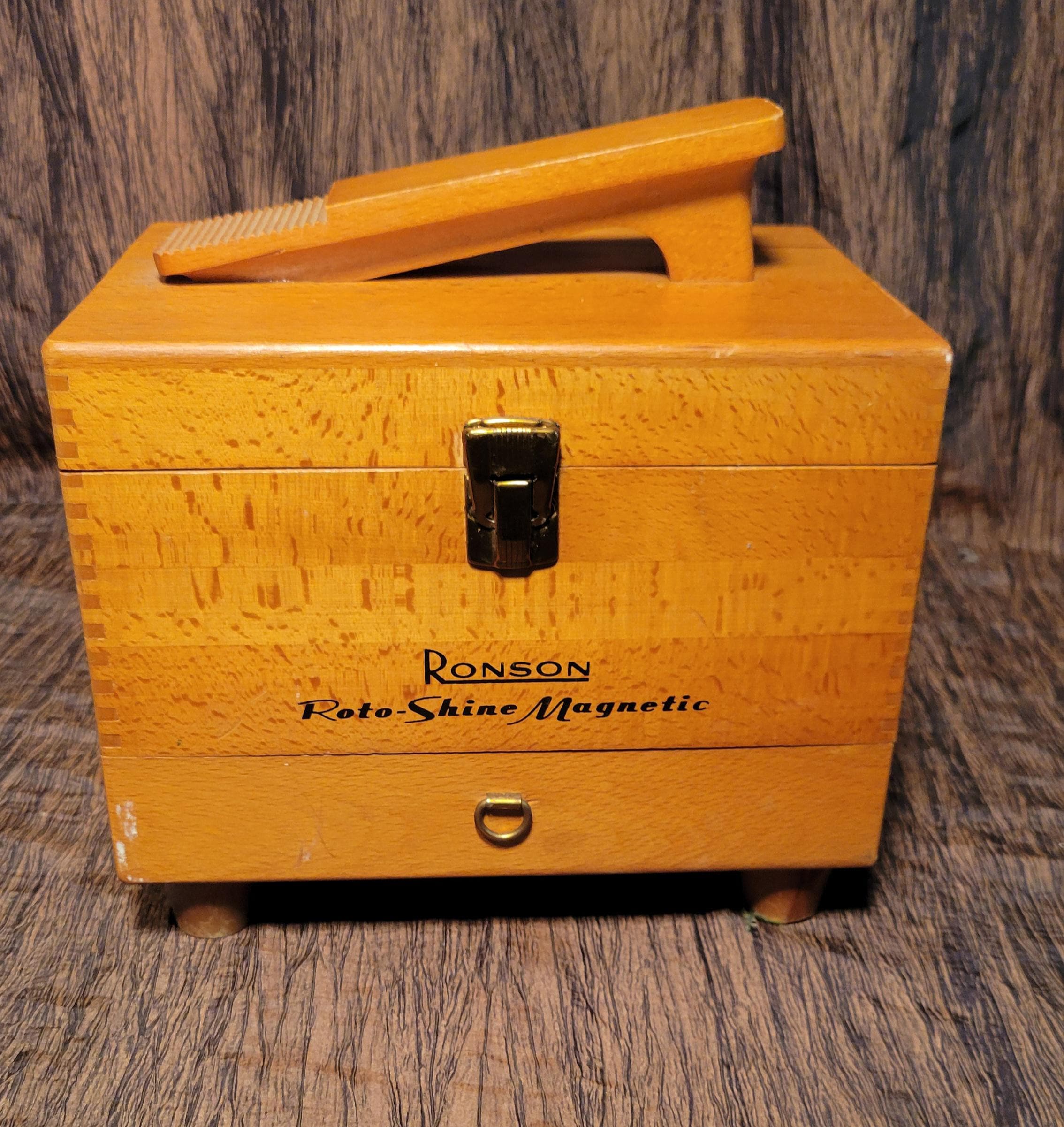 Vintage Ronson Roto Shine Wooden Shoe Shine Box With Shoe Shine
