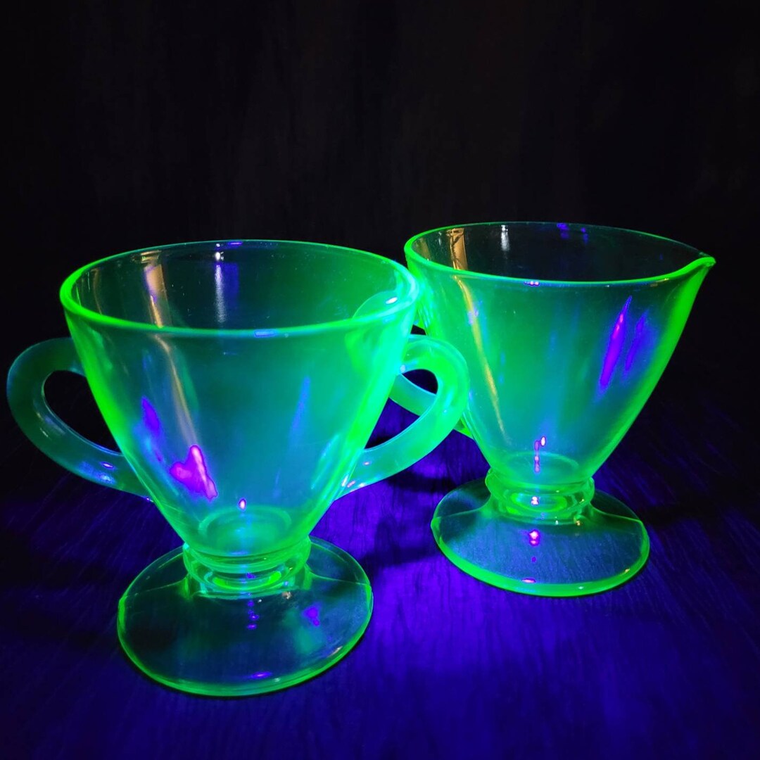Vintage Uranium Glass Creamer and Sugar Etsy