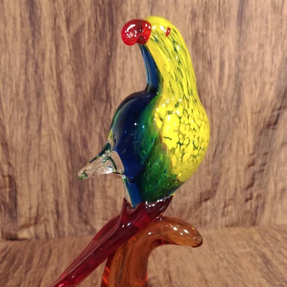 Vintage Murano Art Glass Green and Yellow Parrot Sculpture 13 1/4