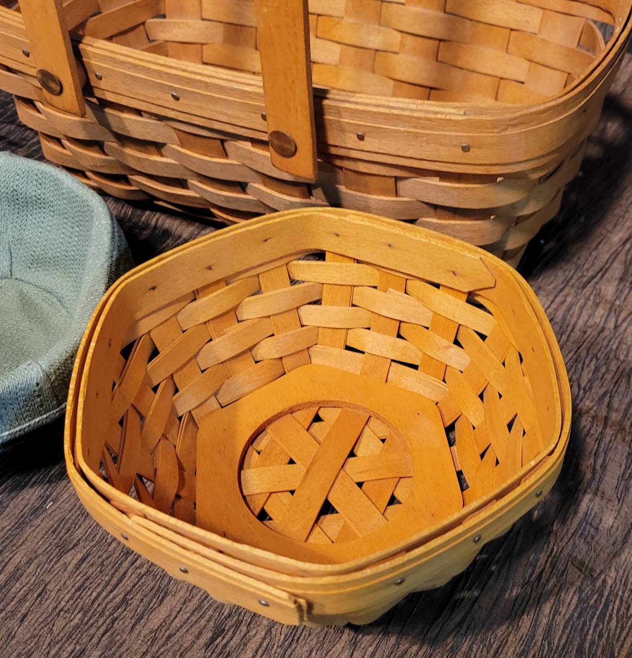 Set of 2 Longaberger Baskets, Rectangle With 2 Handles and Round 