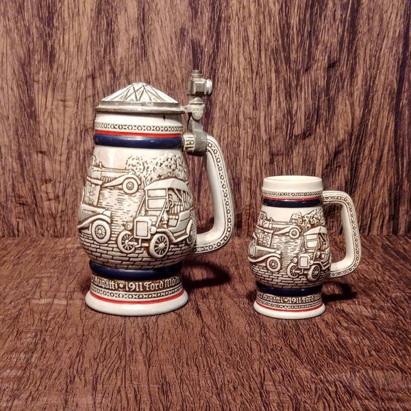 Set of 2 Avon Car Classics and Vintage Car Collectable Beer Steins.