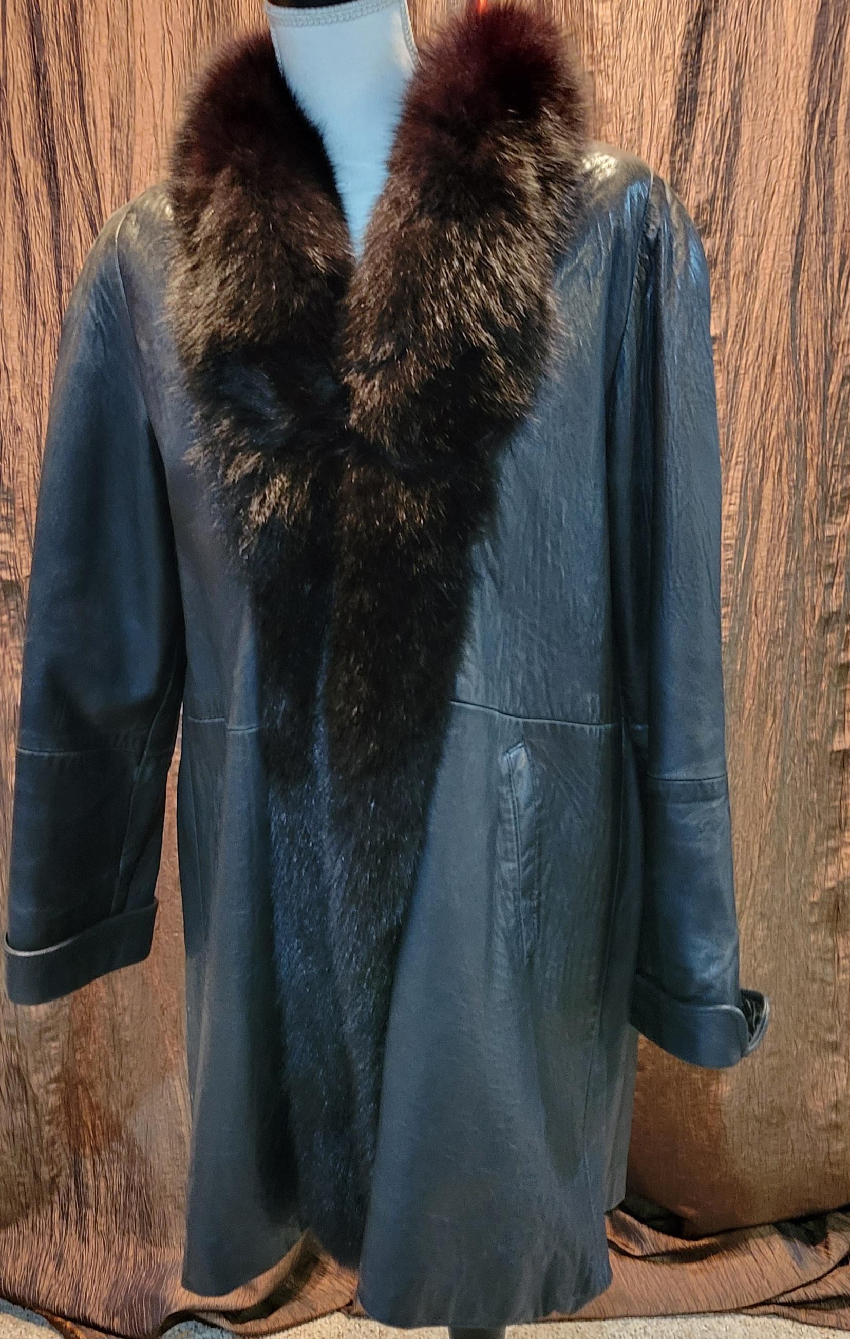 J Percy for Marvin Richards Black Leather Coat Faux Fur Trim Size