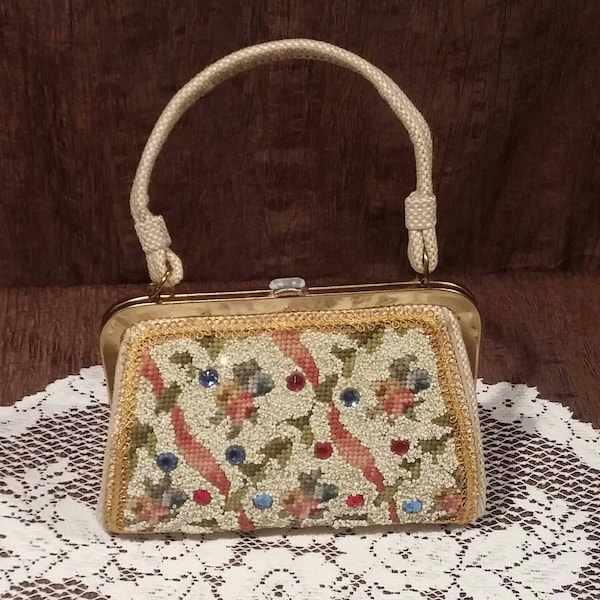 1950's Vintage Caron beaded and embroidered linen handbag