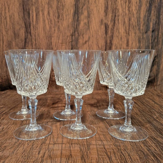 Crystal Wine Glasses Set of 6, Vintage Cut Crystal Stemware, Old