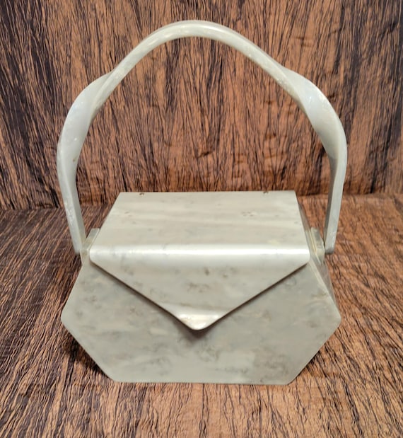Gray Marble Wilardy Lucite Purse, Elongated Hexagon Shape