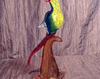 Vintage Murano Art Glass Green and Yellow Parrot Sculpture 13 1/4" tall